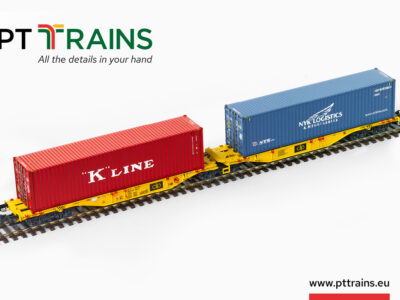 Flat wagon type Sggmrss, with KL+NY containers. Clip Intermodal.